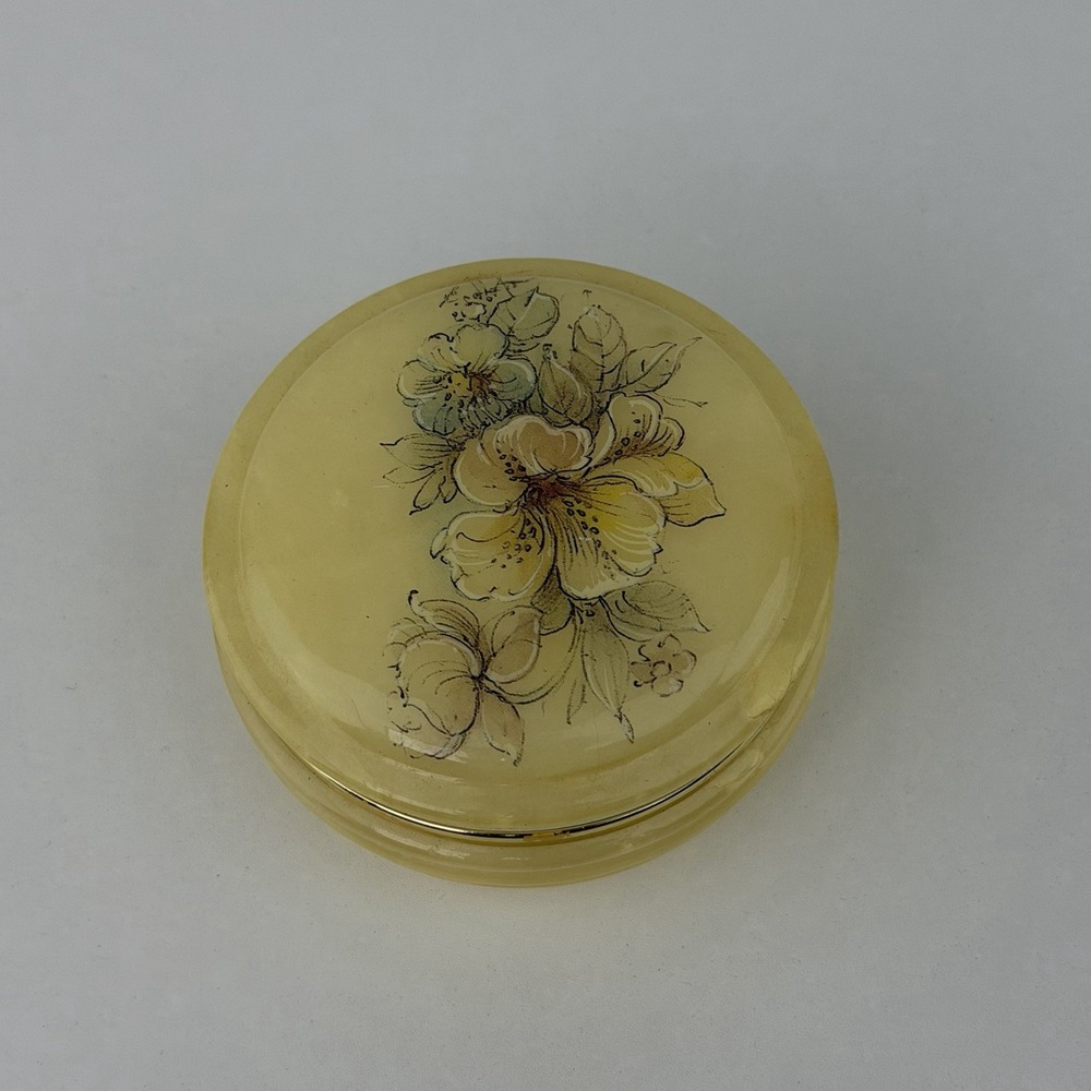 Vintage Italian Alabaster Trinket Box Hand Carved Floral Hinged Round 3" - Picture 7 of 8